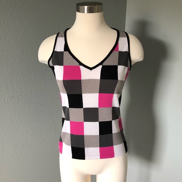 Taifun Collection Sleeveless V-Neck Checkered Knit Sweater Blouse - Picture 7 of 16